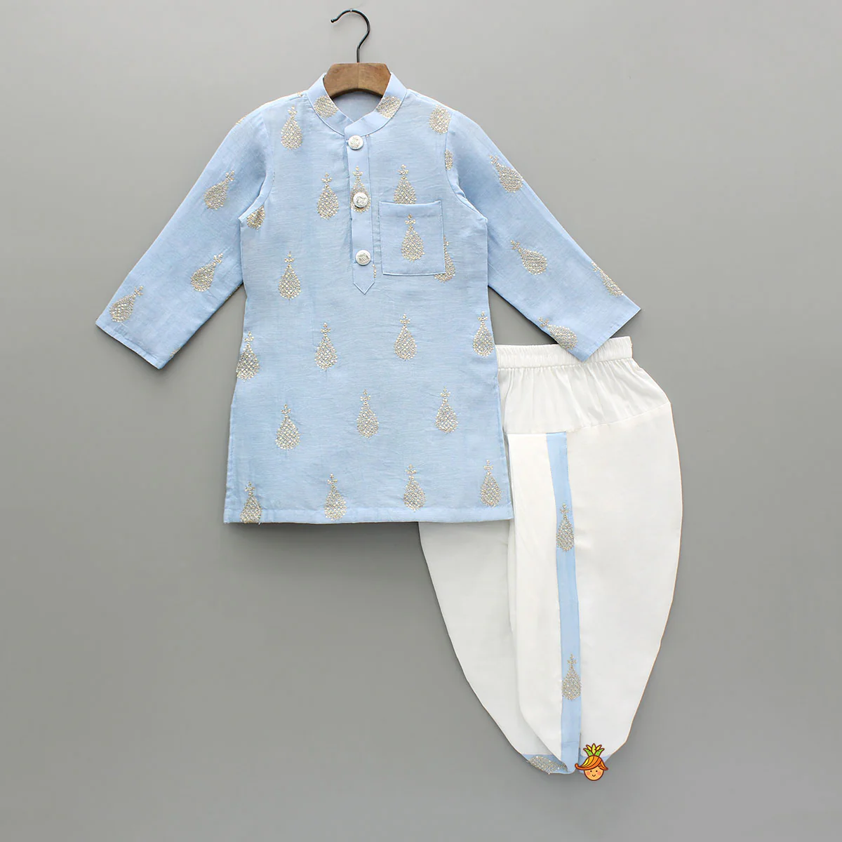 Blue Motif Embroidered Chanderi Kurta With Dhoti