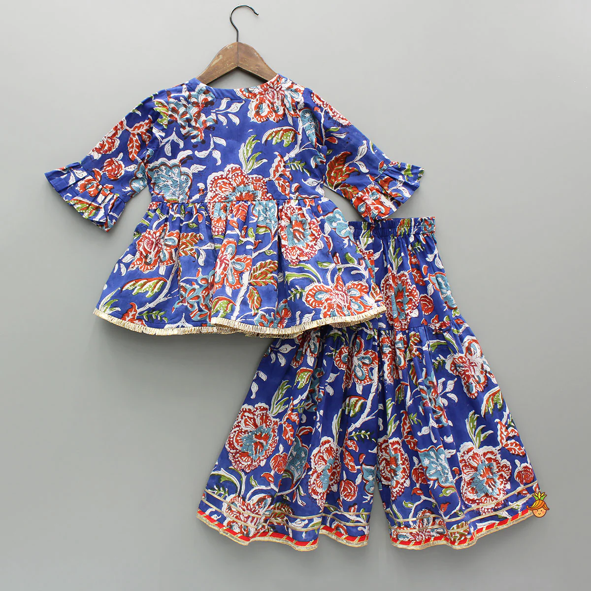 Blue Multicolored Printed Angarkha Style Kurti And Sharara - Image 2