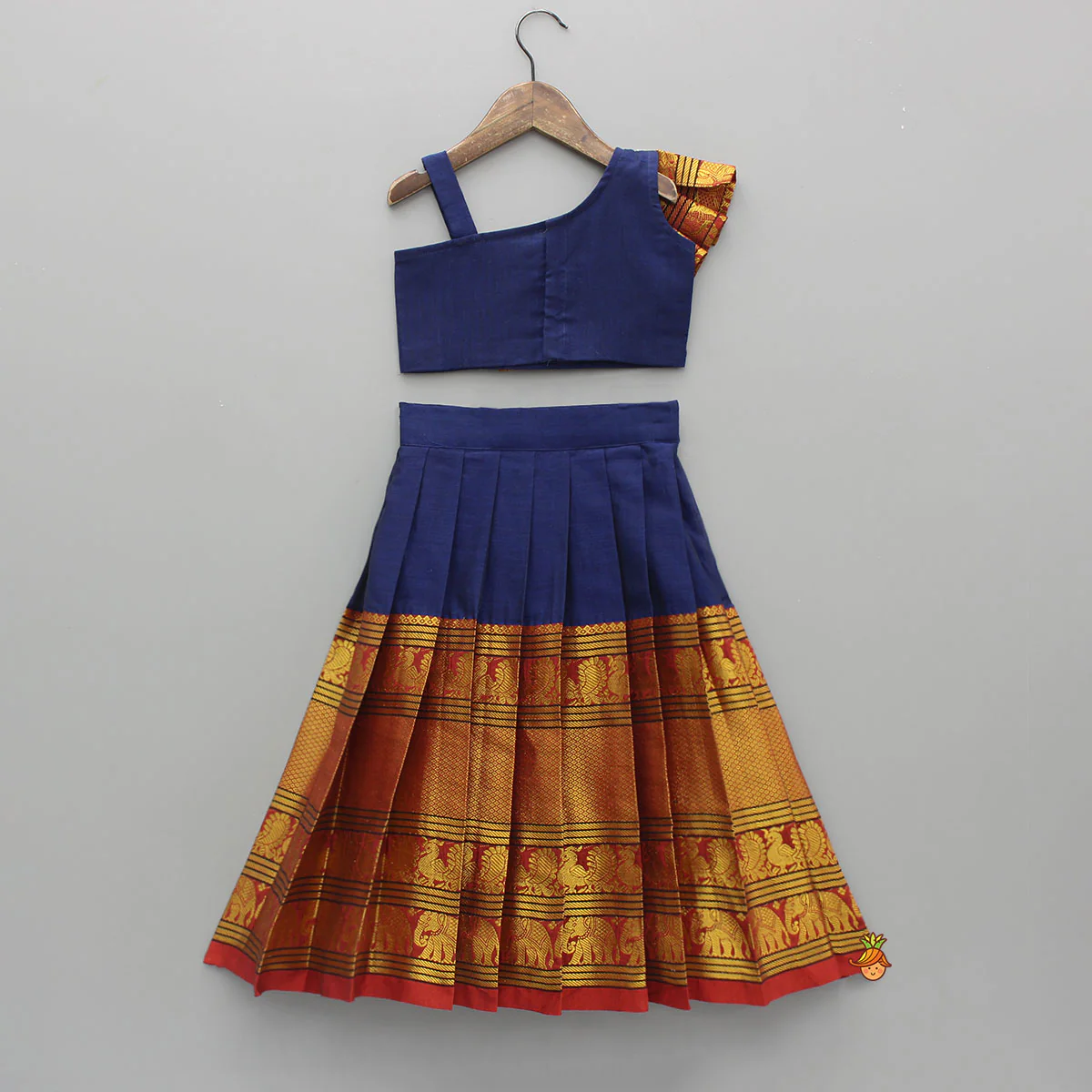 Blue One Shoulder Pleats Detailed Top And Pleated Lehenga - Image 2