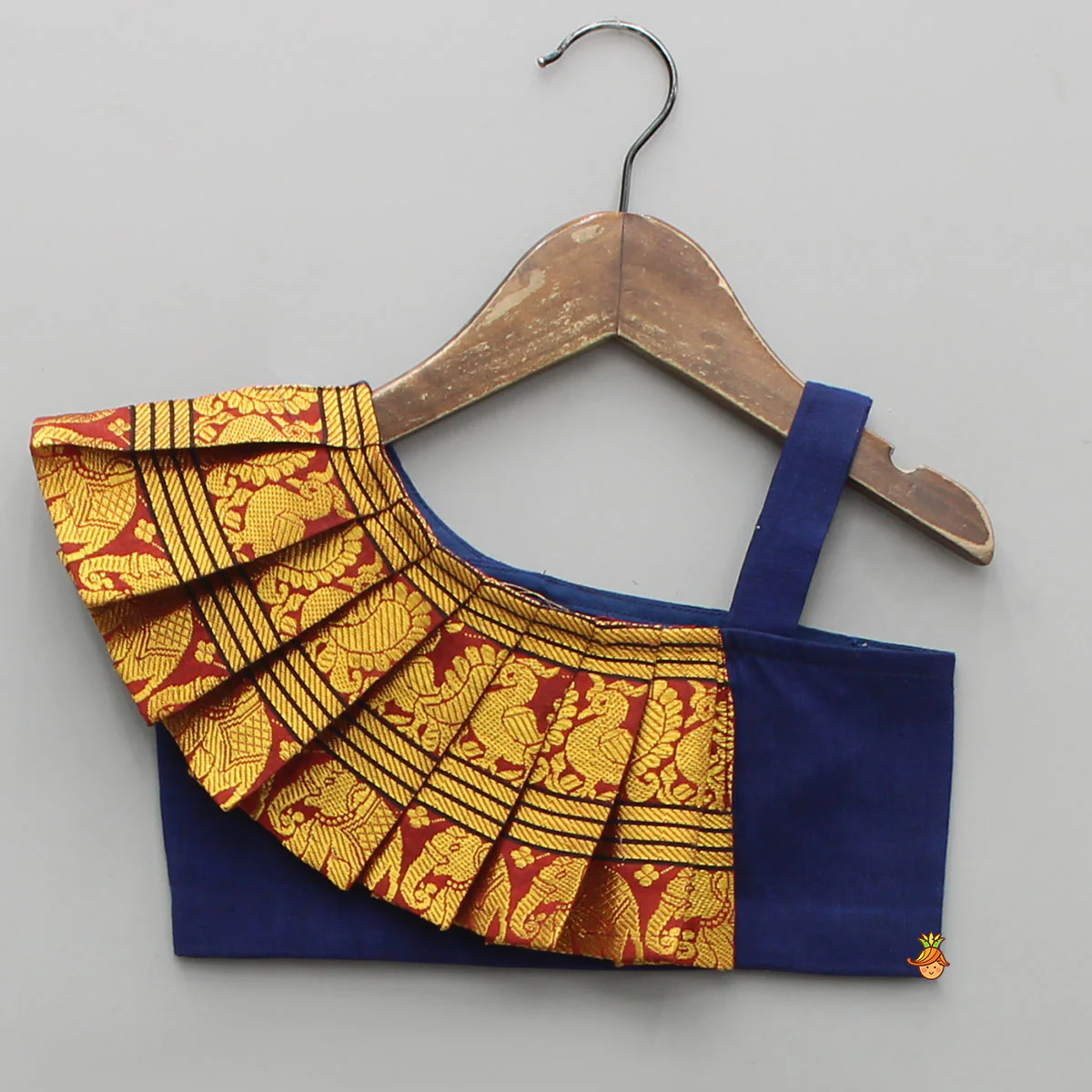 Blue One Shoulder Pleats Detailed Top And Pleated Lehenga - Image 3