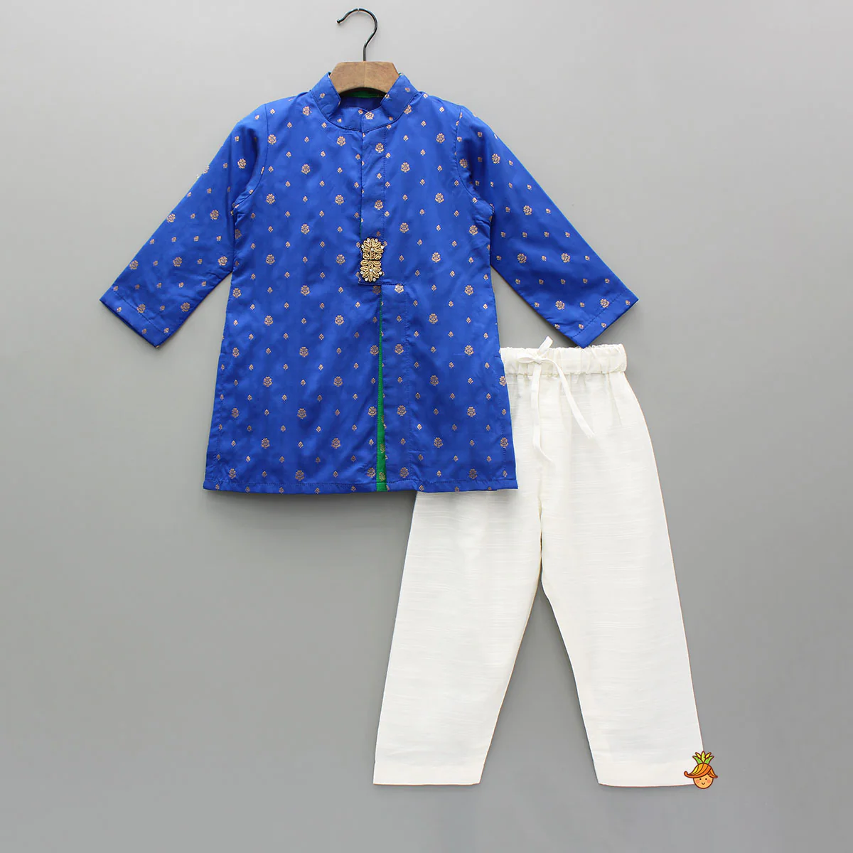 Blue Brocade Kurta With White Pyjama