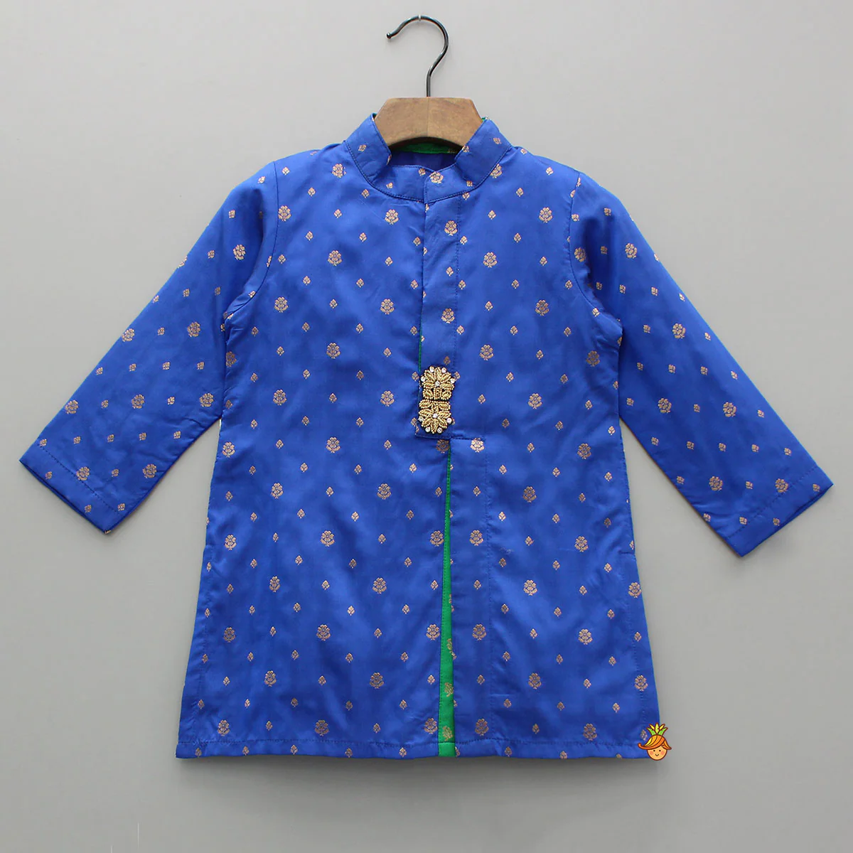 Blue Brocade Kurta With White Pyjama - Image 3