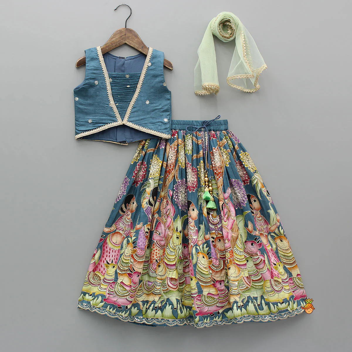 Blue Pin Tuck Top And Ethnic Printed Lehenga With Green Dupatta