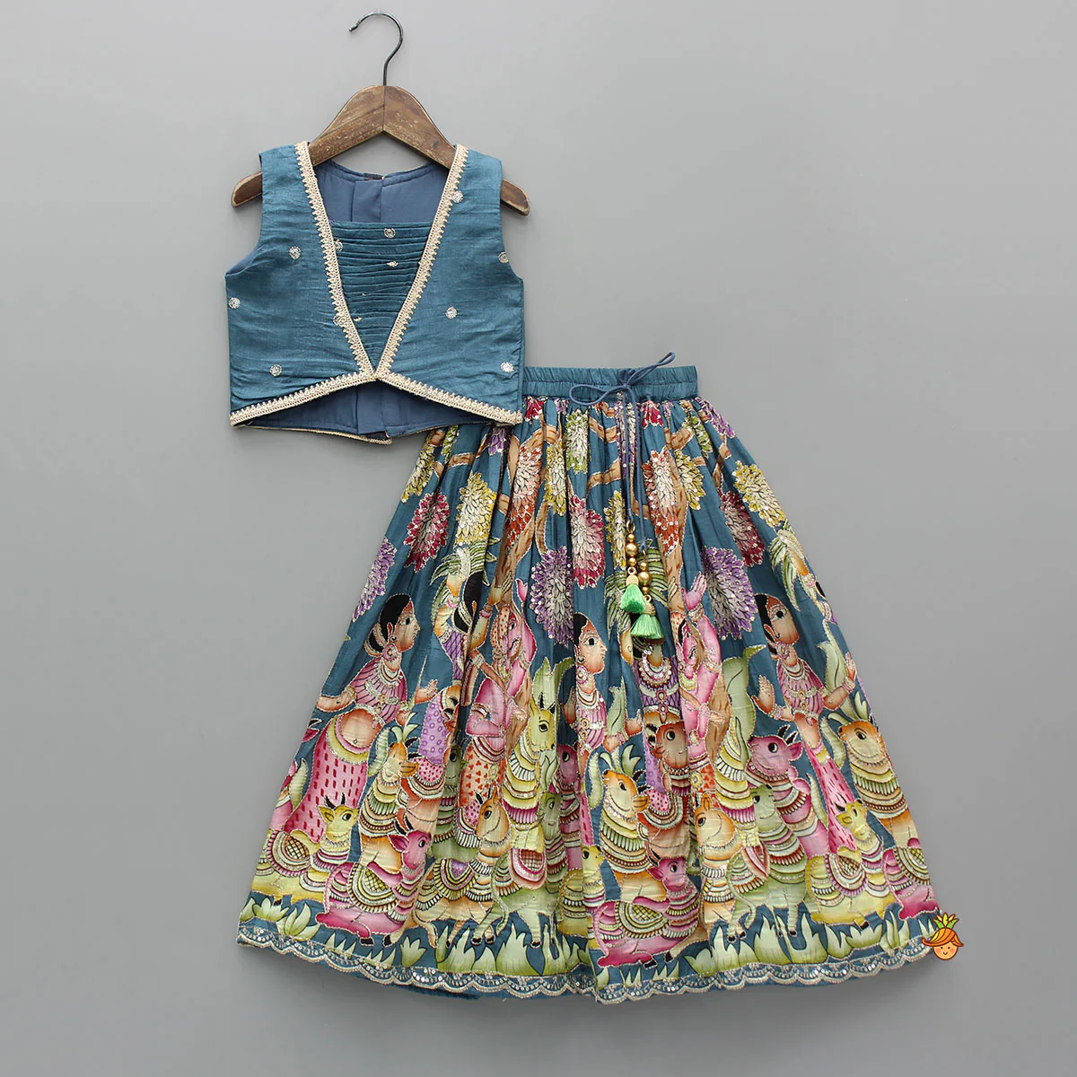 Blue Pin Tuck Top And Ethnic Printed Lehenga With Green Dupatta - Image 3
