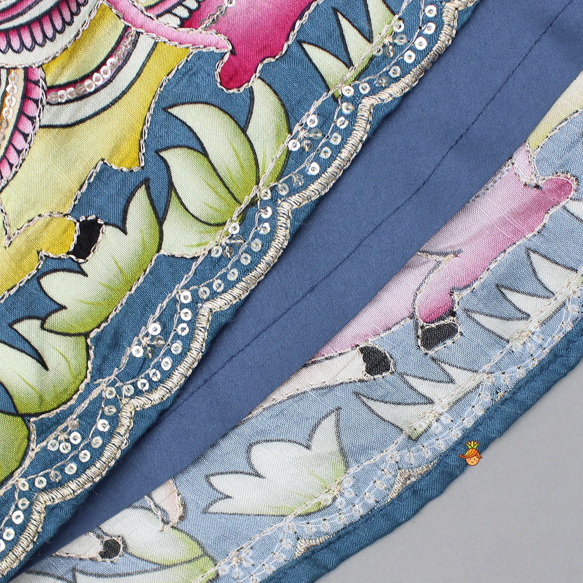 Blue Pin Tuck Top And Ethnic Printed Lehenga With Green Dupatta - Image 7