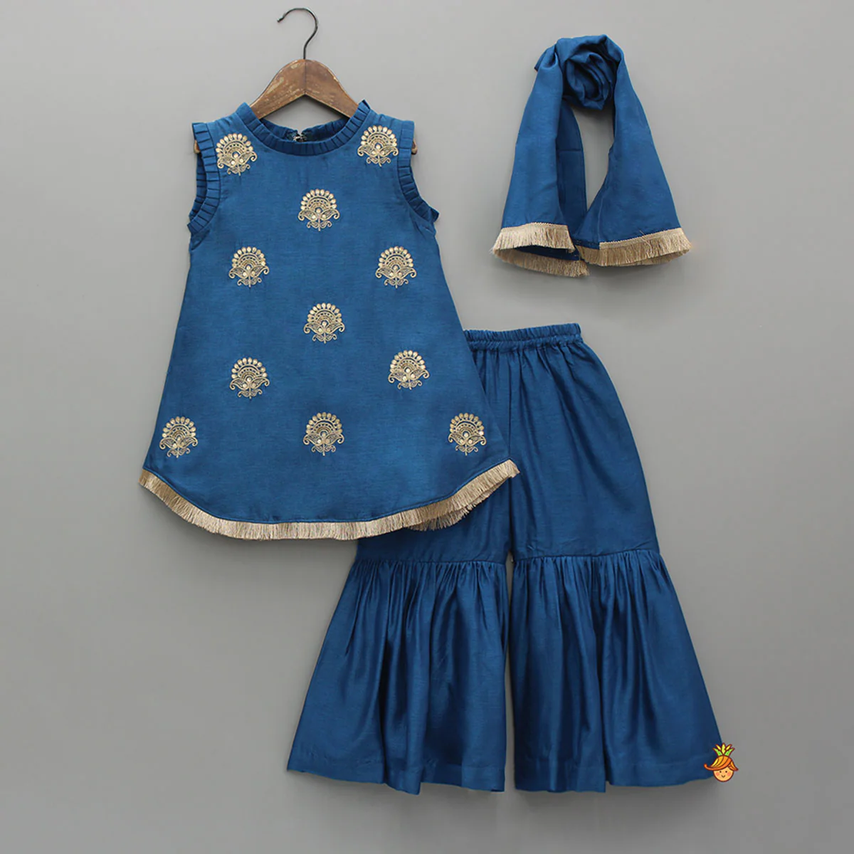Pleat Detailed Zari Embroidered Kurti With Sharara And Dupatta