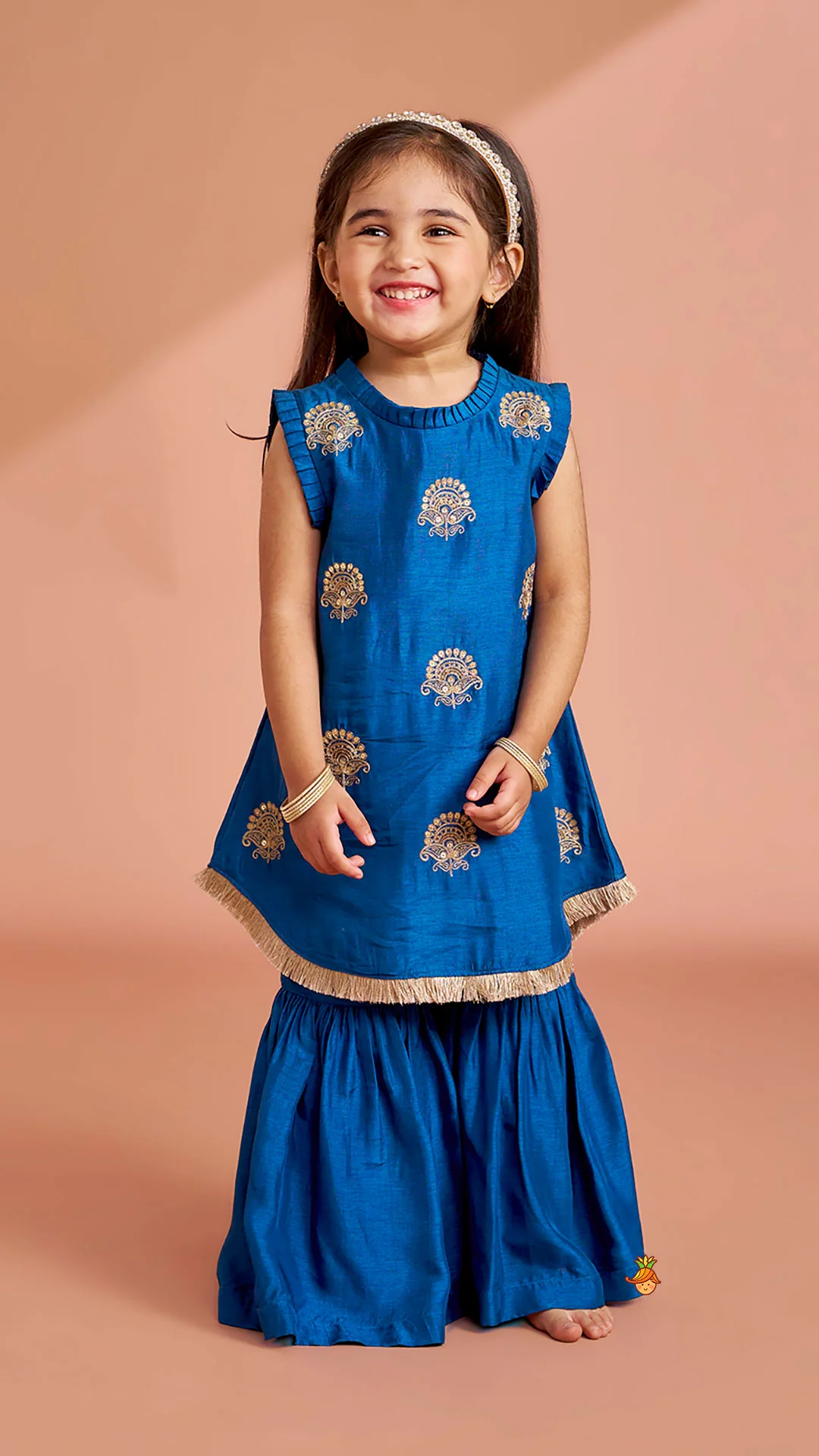 Pleat Detailed Zari Embroidered Kurti With Sharara And Dupatta - Image 2