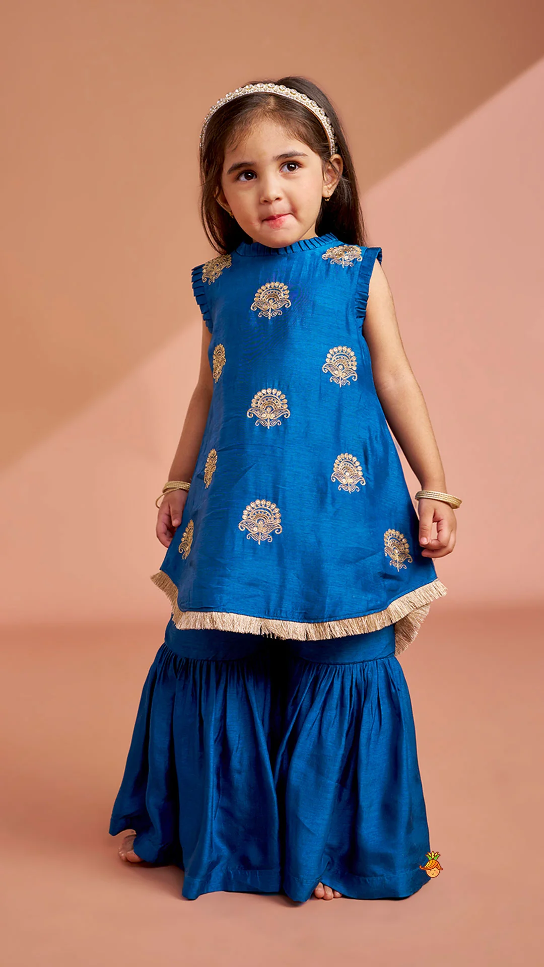 Pleat Detailed Zari Embroidered Kurti With Sharara And Dupatta - Image 3