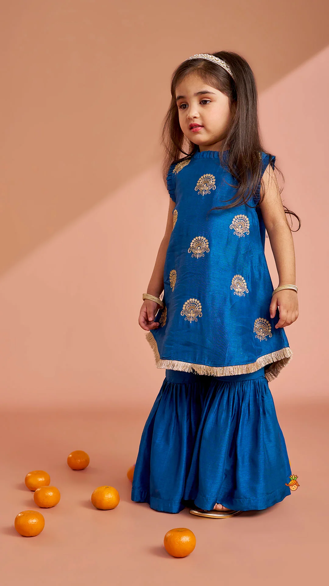 Pleat Detailed Zari Embroidered Kurti With Sharara And Dupatta - Image 5