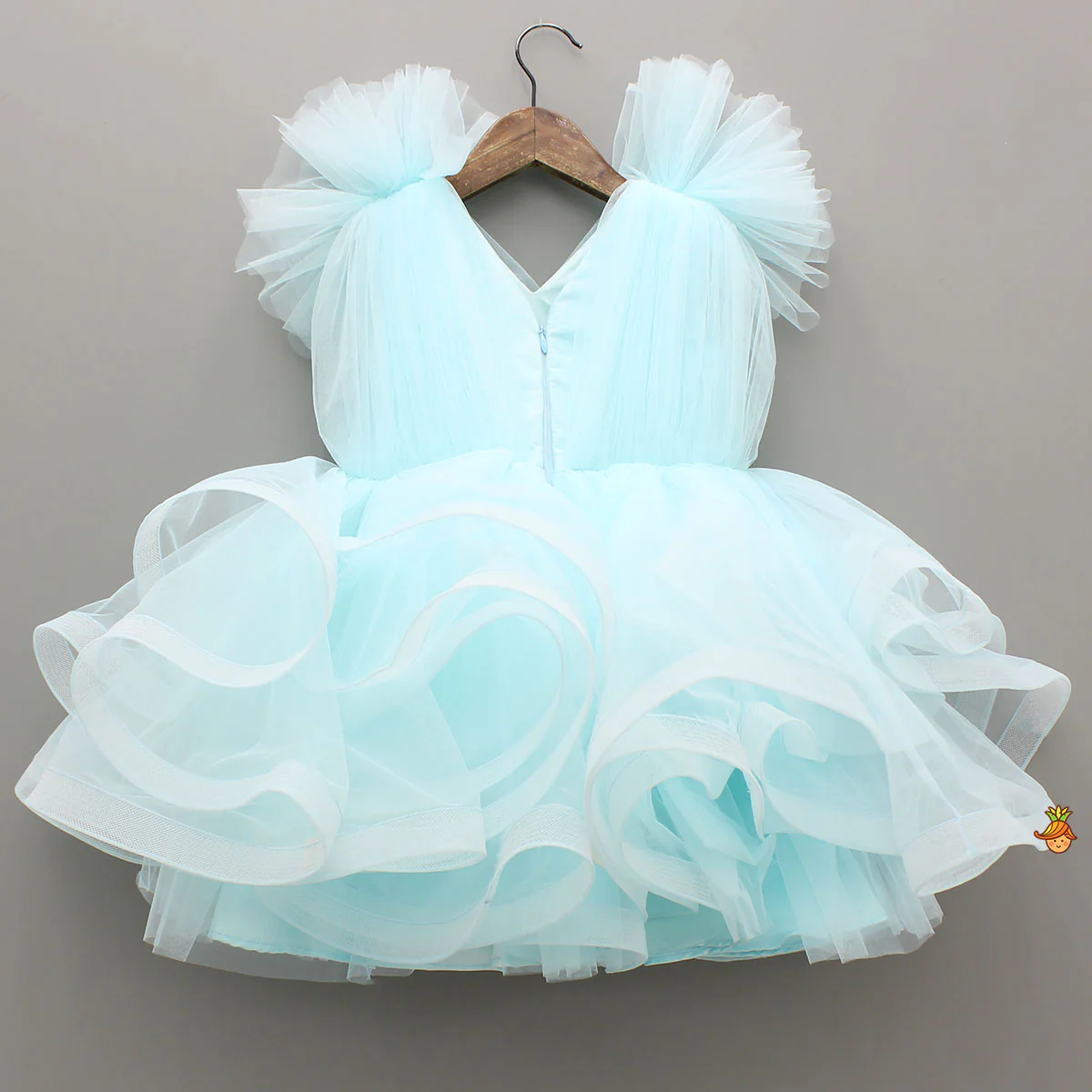Blue Ruffled Net Dress With Stylish Sleeves - Image 2