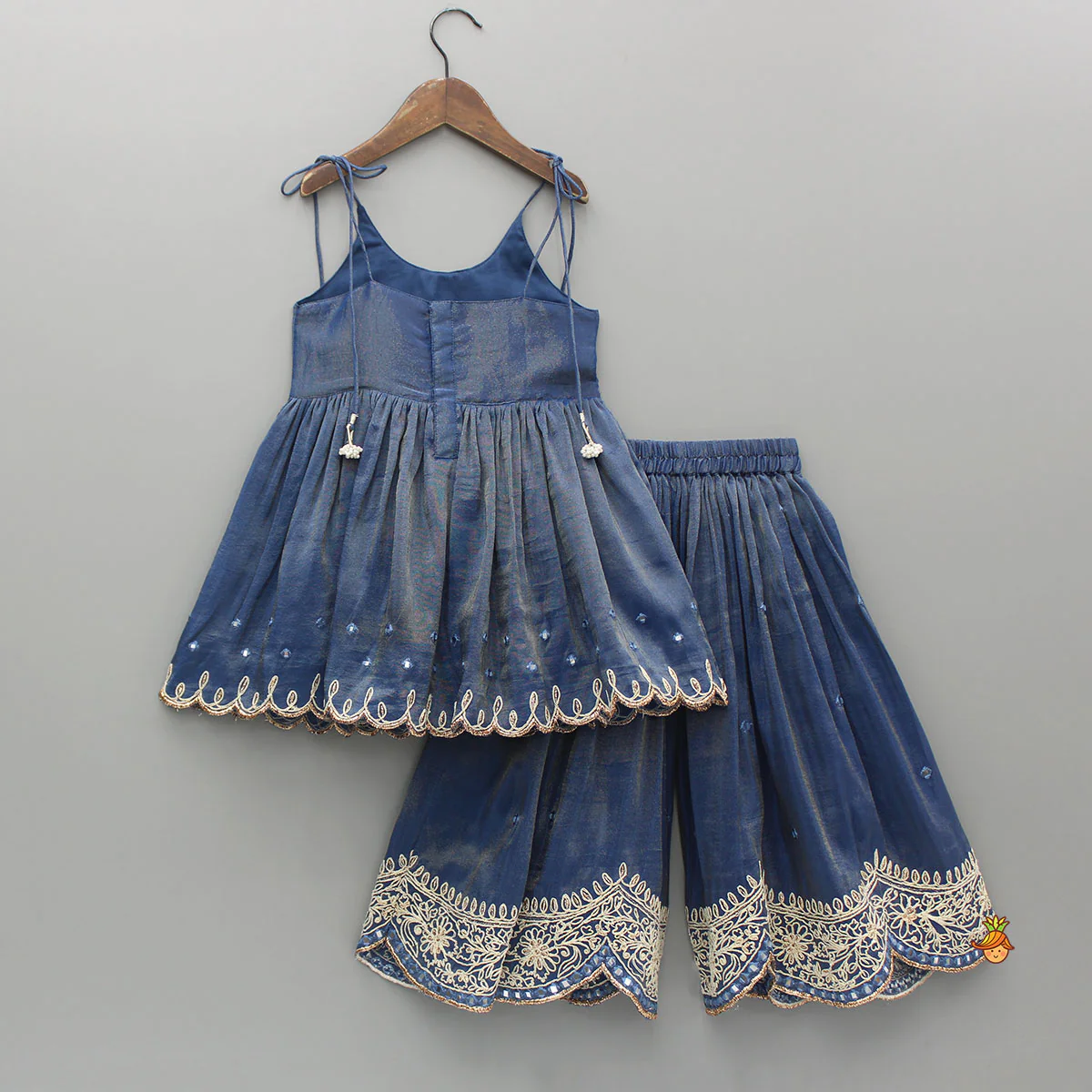 Blue Shimmery Strappy Embroidered Kurti And Palazzo - Image 2