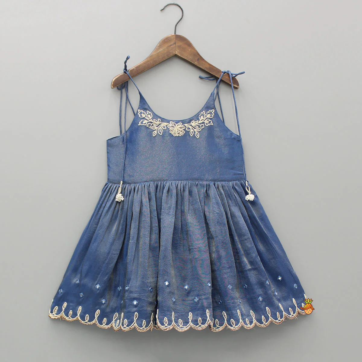 Blue Shimmery Strappy Embroidered Kurti And Palazzo - Image 3