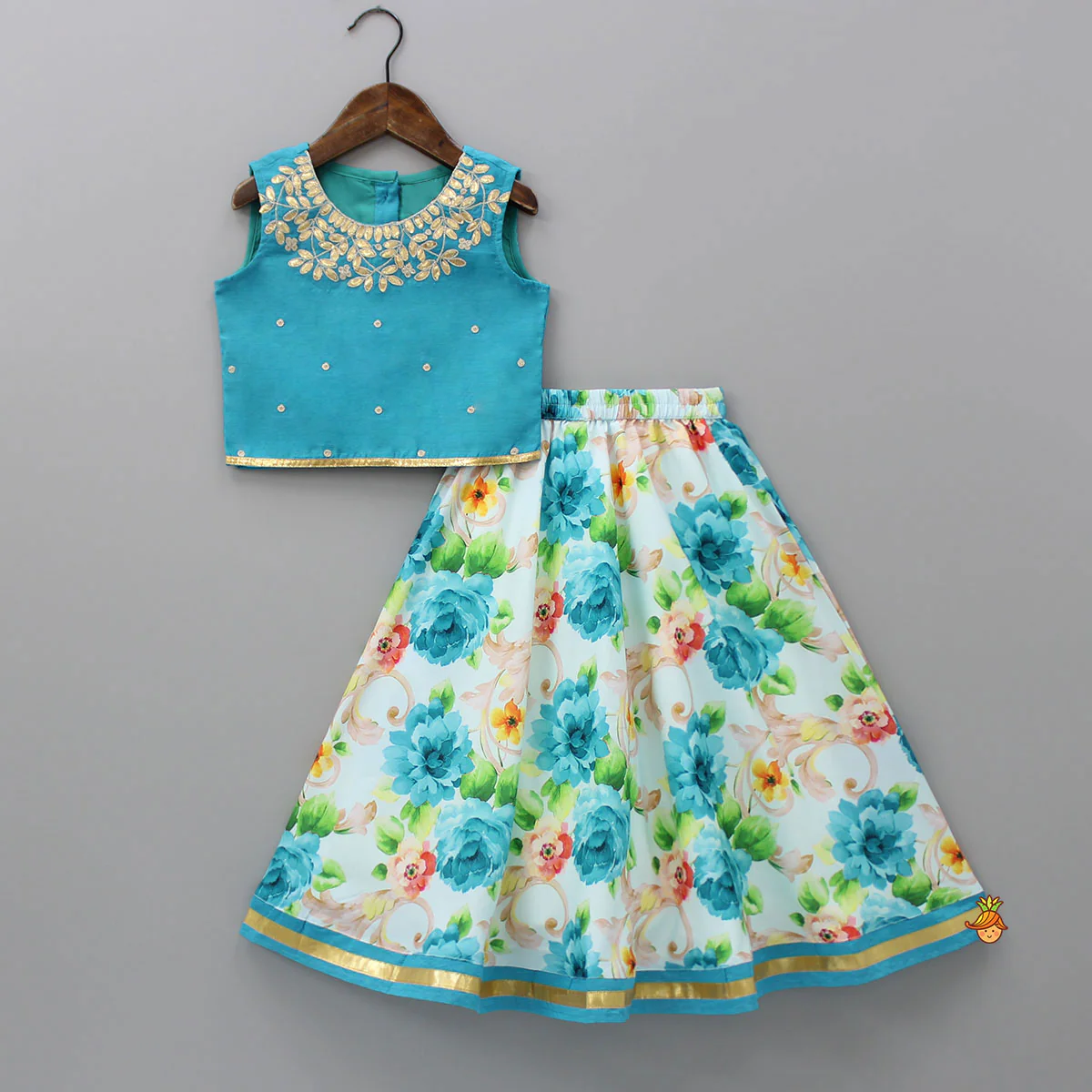 Blue Top And Floral Printed Lehenga With Net Dupatta - Image 3