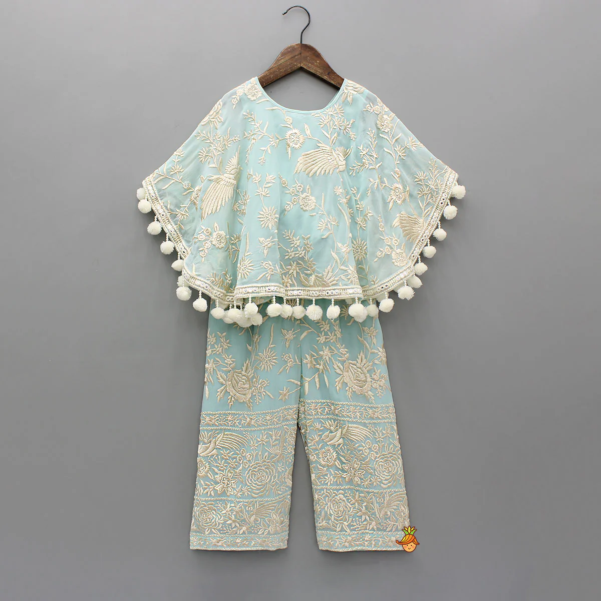 Blue Top With Pom Poms Detailed Embroidered Cape And Palazzo
