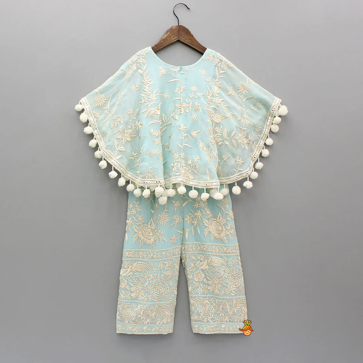 Blue Top With Pom Poms Detailed Embroidered Cape And Palazzo - Image 2