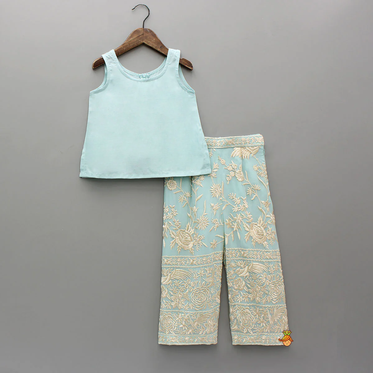 Blue Top With Pom Poms Detailed Embroidered Cape And Palazzo - Image 3