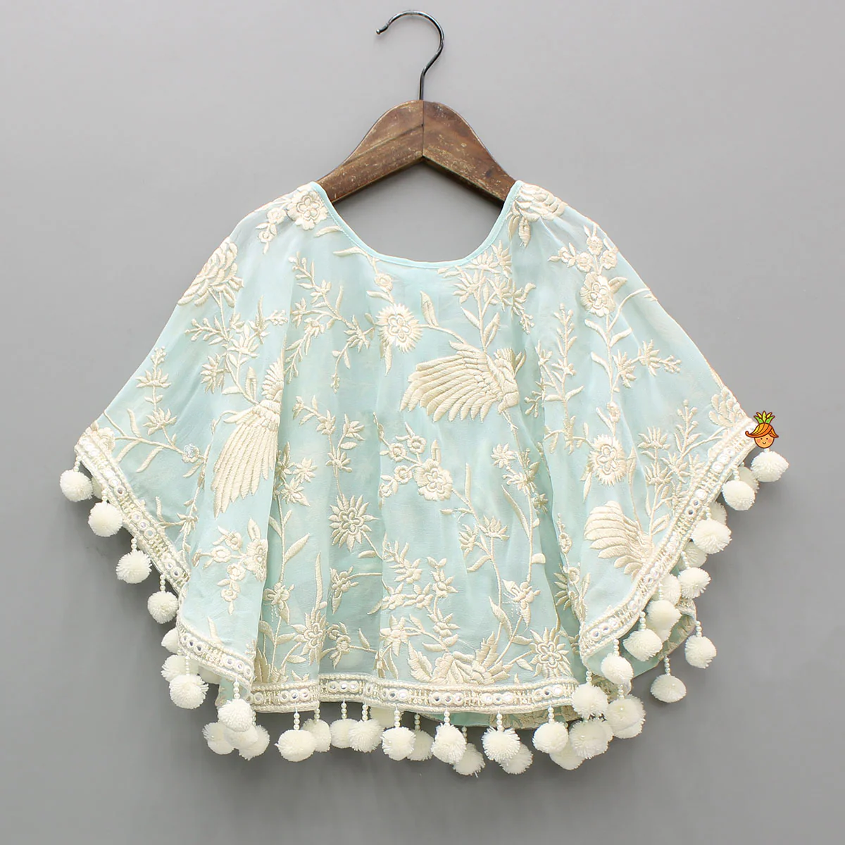 Blue Top With Pom Poms Detailed Embroidered Cape And Palazzo - Image 6
