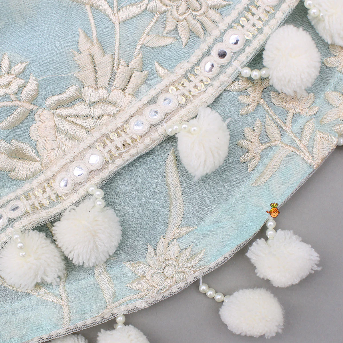 Blue Top With Pom Poms Detailed Embroidered Cape And Palazzo - Image 8