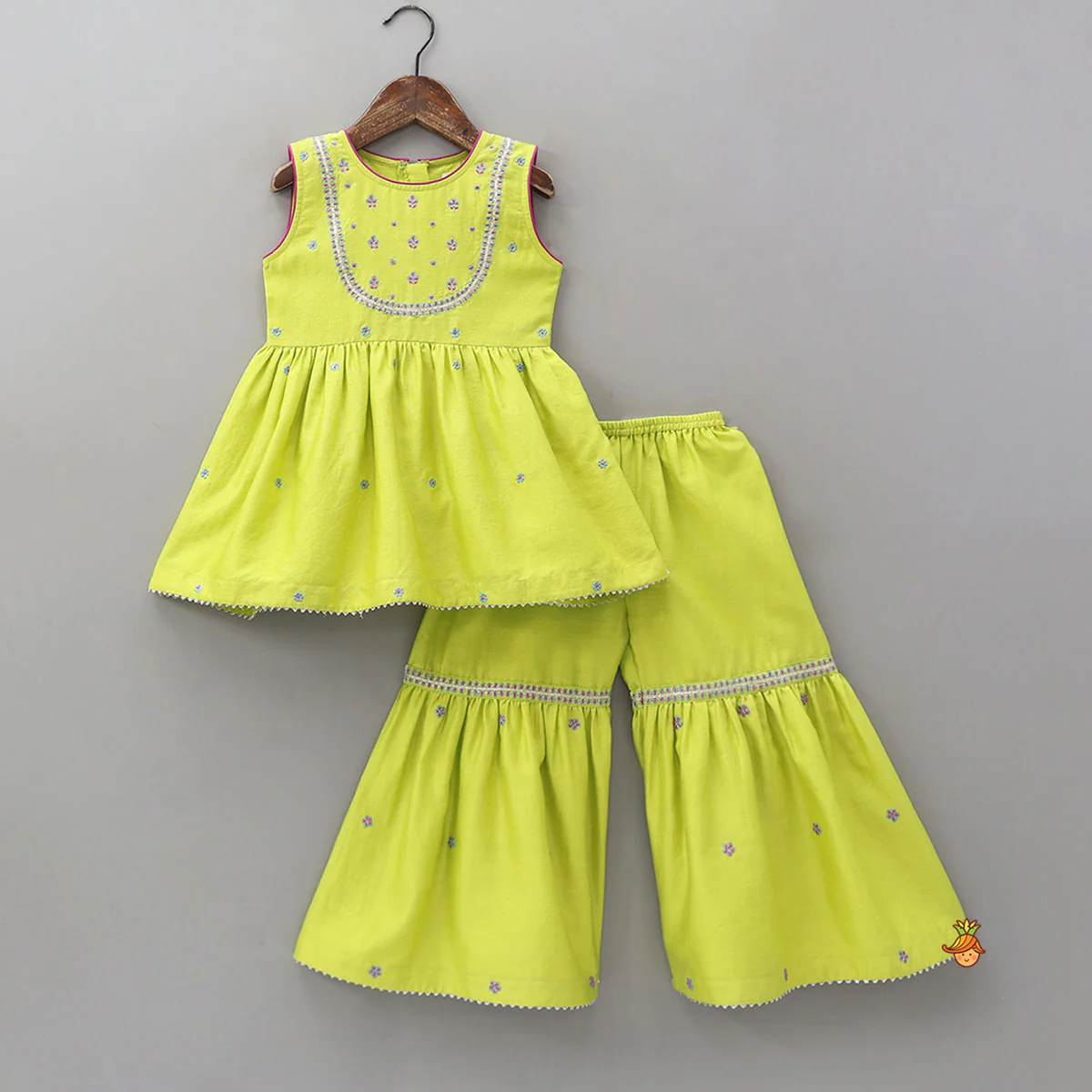 Booti Work Kurti And Sharara With Matching Scalloped Dupatta - Image 3