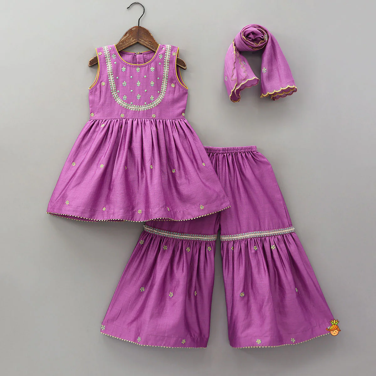 Booti Work Kurti And Sharara With Scalloped Dupatta