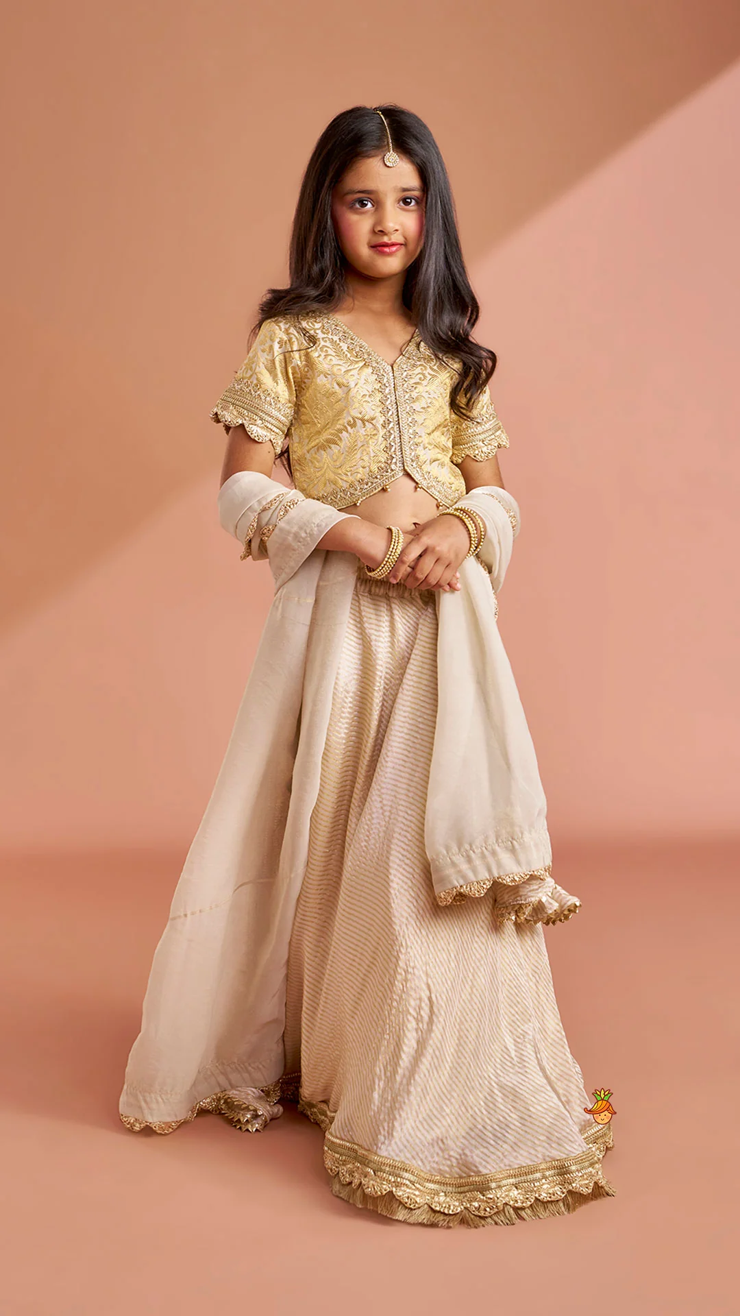 Brocade High-Low Top And Lehenga With Gota Lace Work Dupatta - Image 2