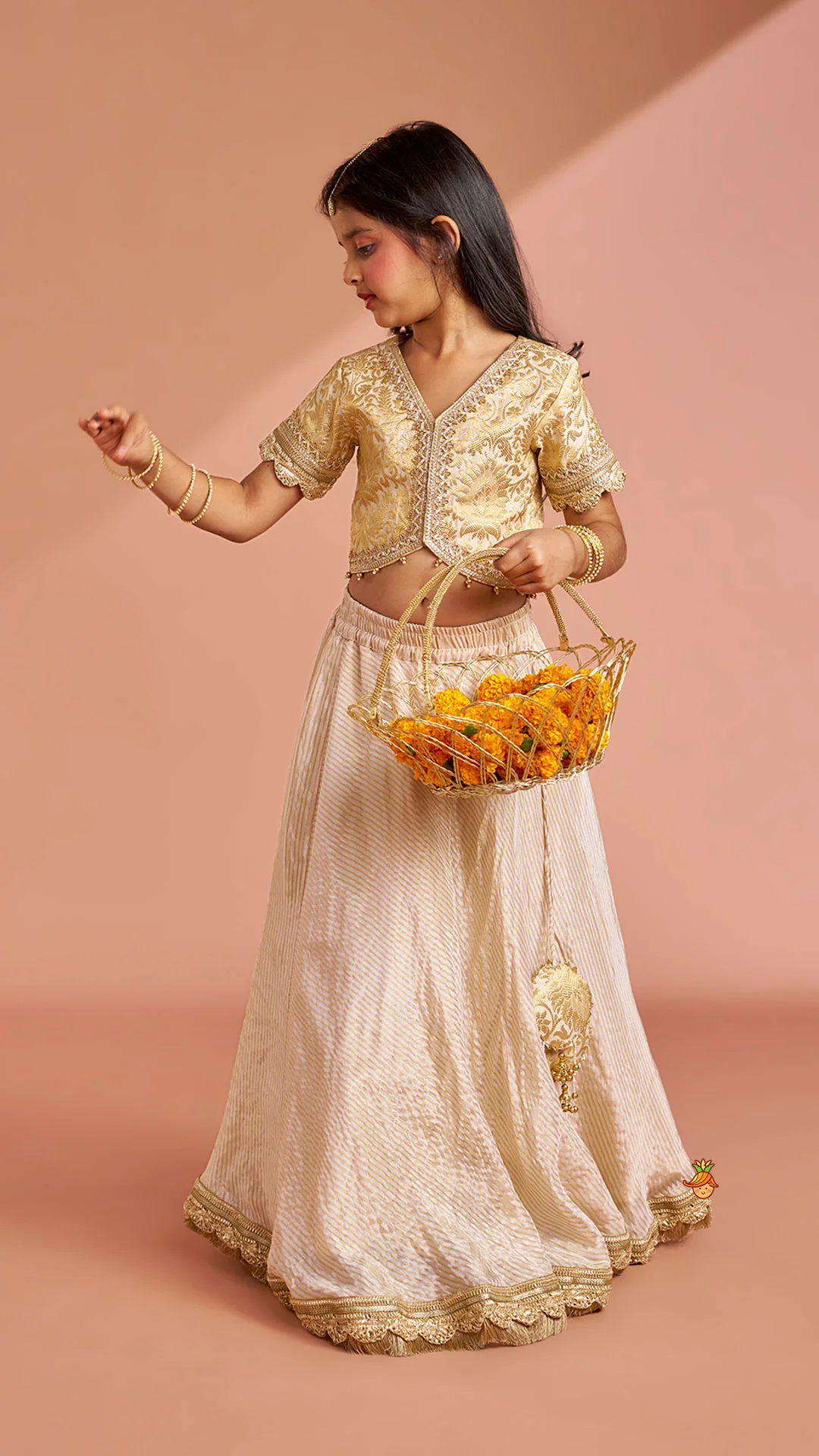Brocade High-Low Top And Lehenga With Gota Lace Work Dupatta - Image 5