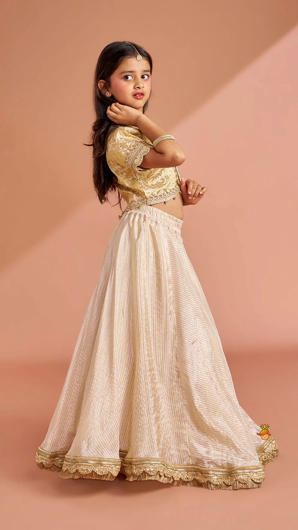 Brocade High-Low Top And Lehenga With Gota Lace Work Dupatta - Image 6