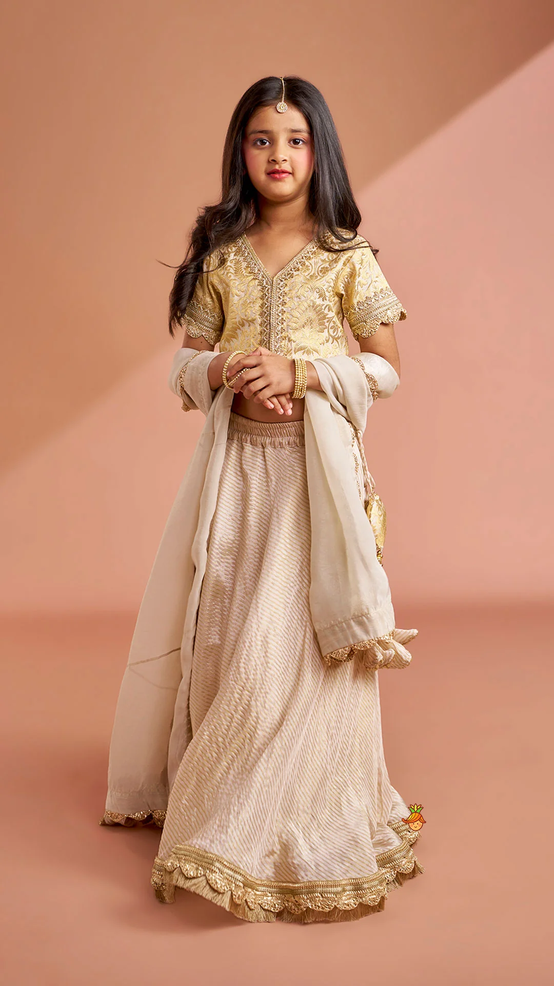 Brocade High-Low Top And Lehenga With Gota Lace Work Dupatta - Image 3