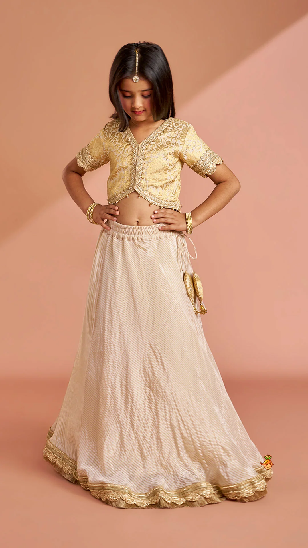Brocade High-Low Top And Lehenga With Gota Lace Work Dupatta - Image 4