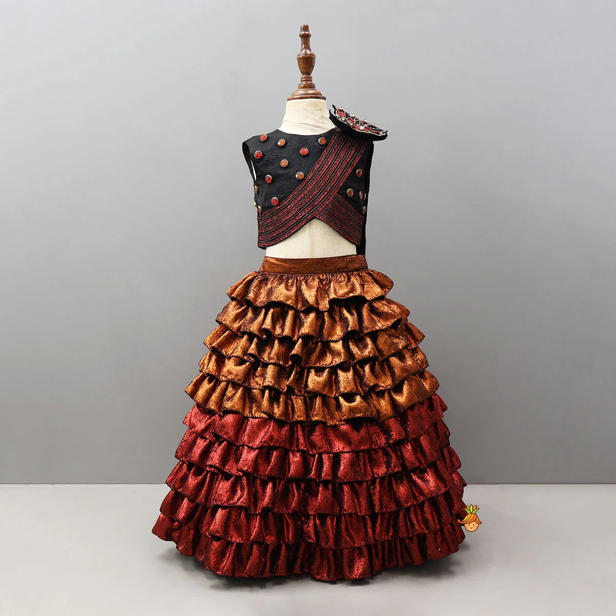 Butterfly-Adorned Drape Top With Layered Shiny Lehenga