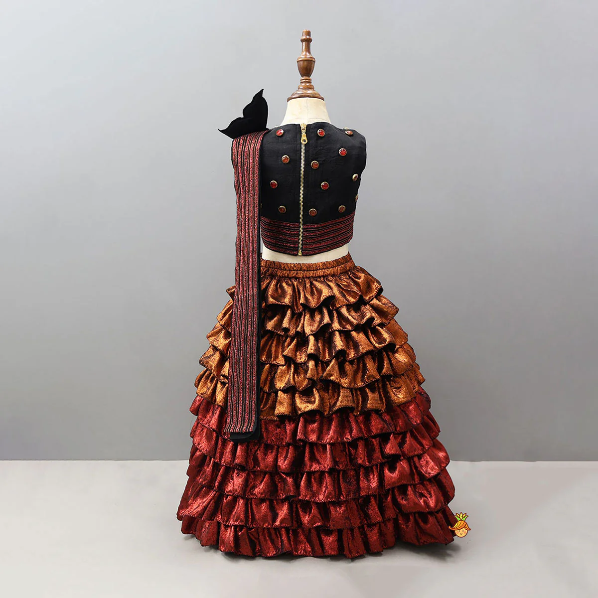 Butterfly-Adorned Drape Top With Layered Shiny Lehenga - Image 2