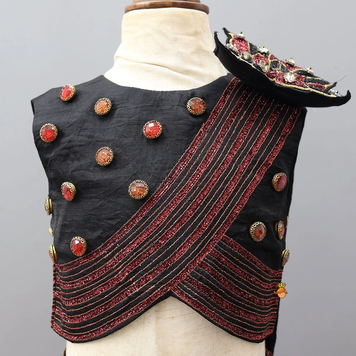 Butterfly-Adorned Drape Top With Layered Shiny Lehenga - Image 3