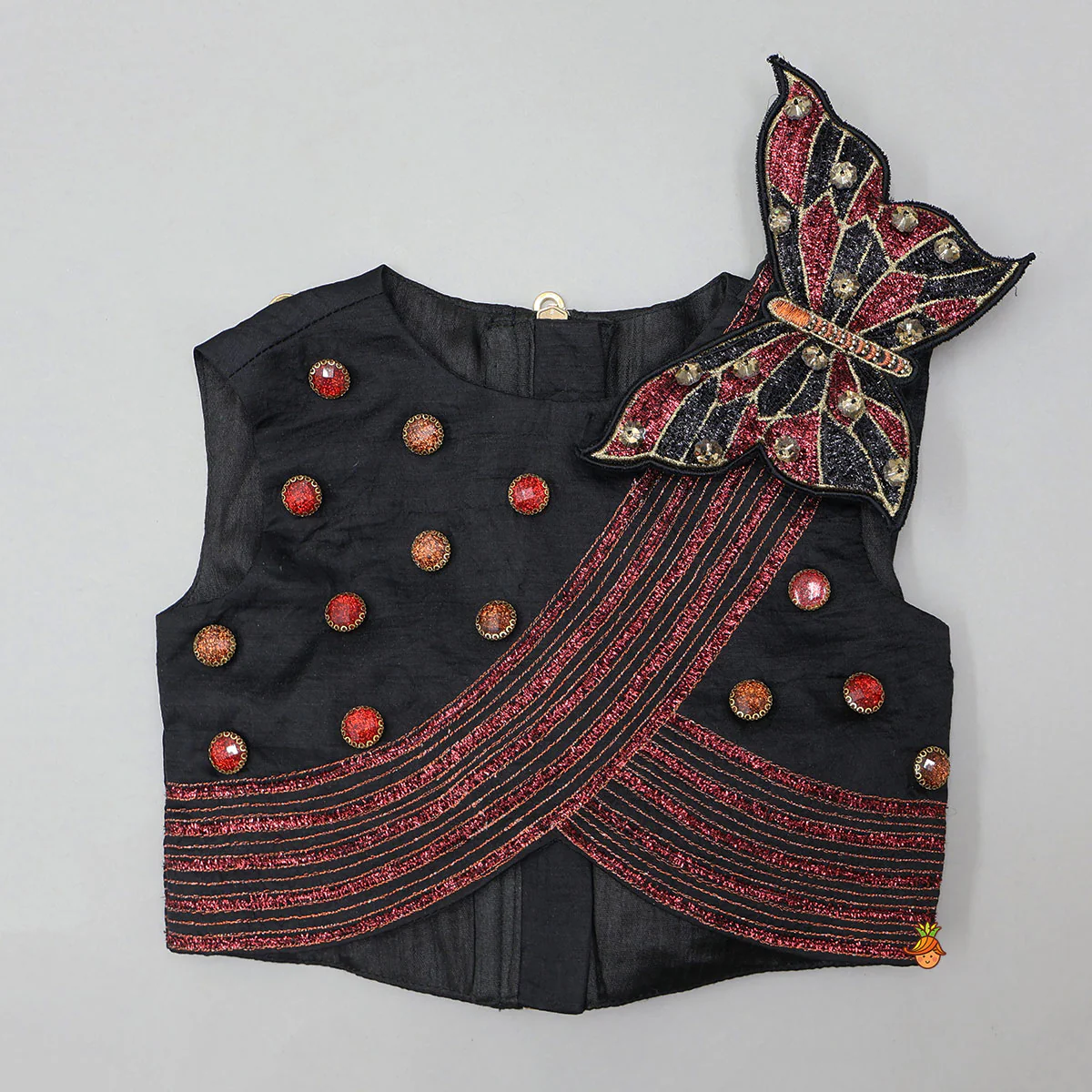 Butterfly-Adorned Drape Top With Layered Shiny Lehenga - Image 4