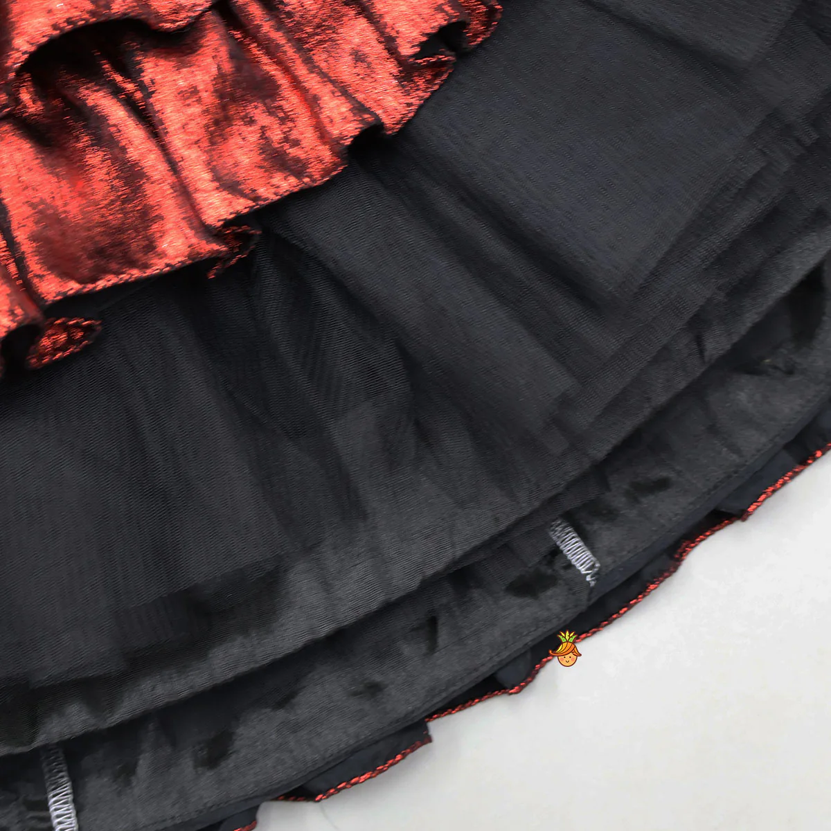 Butterfly-Adorned Drape Top With Layered Shiny Lehenga - Image 6