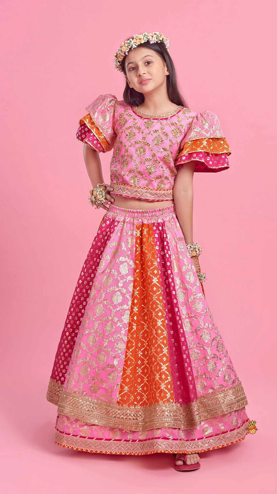 Chanderi Embroidered Top With Dual Layered Lehenga And Dupatta - Image 2