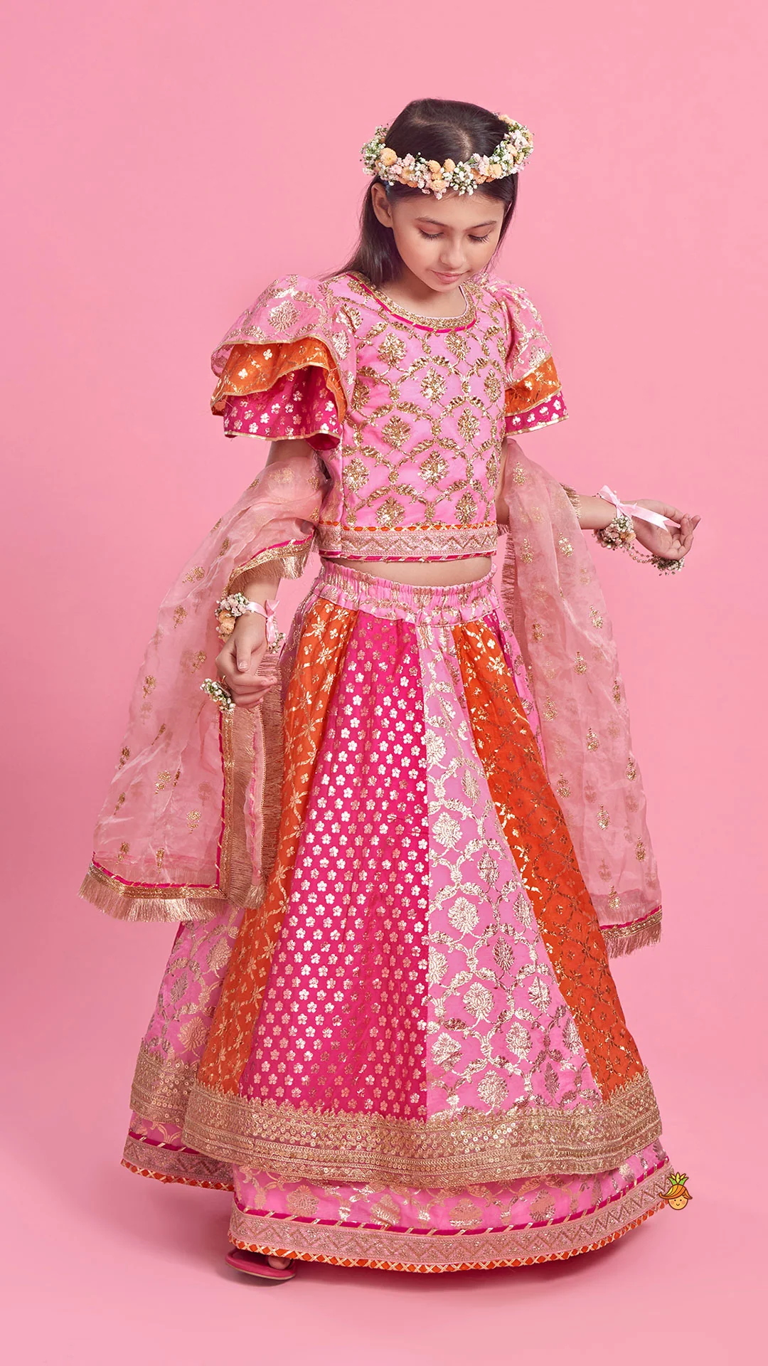 Chanderi Embroidered Top With Dual Layered Lehenga And Dupatta - Image 3