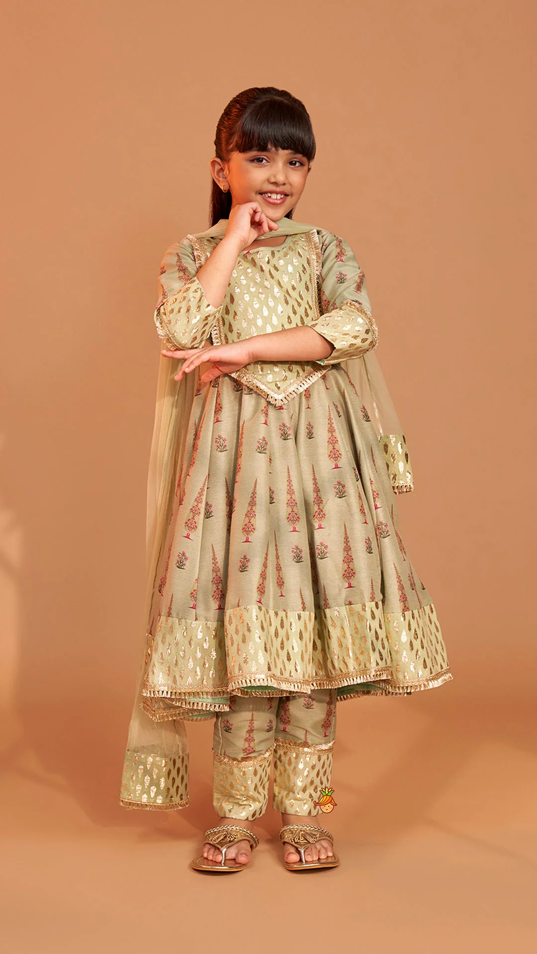 Chanderi Printed Long Kurti And Pant With Dupatta - Image 3