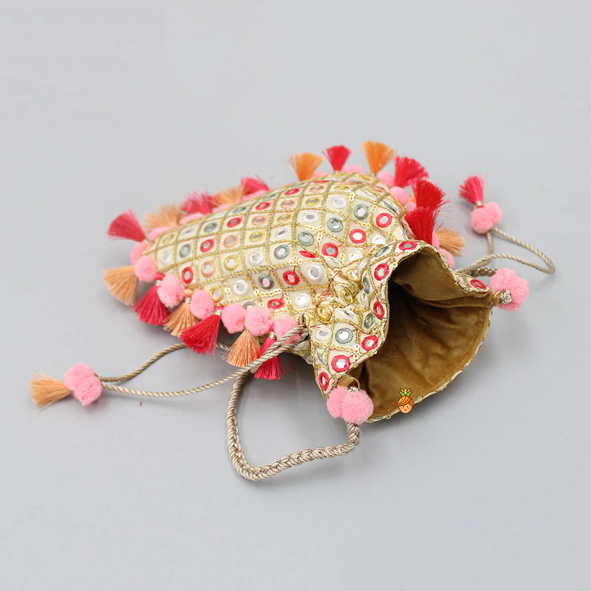 Charming Faux Mirror Work Dual Toned Fringed Detailed Potli Bag - Image 3