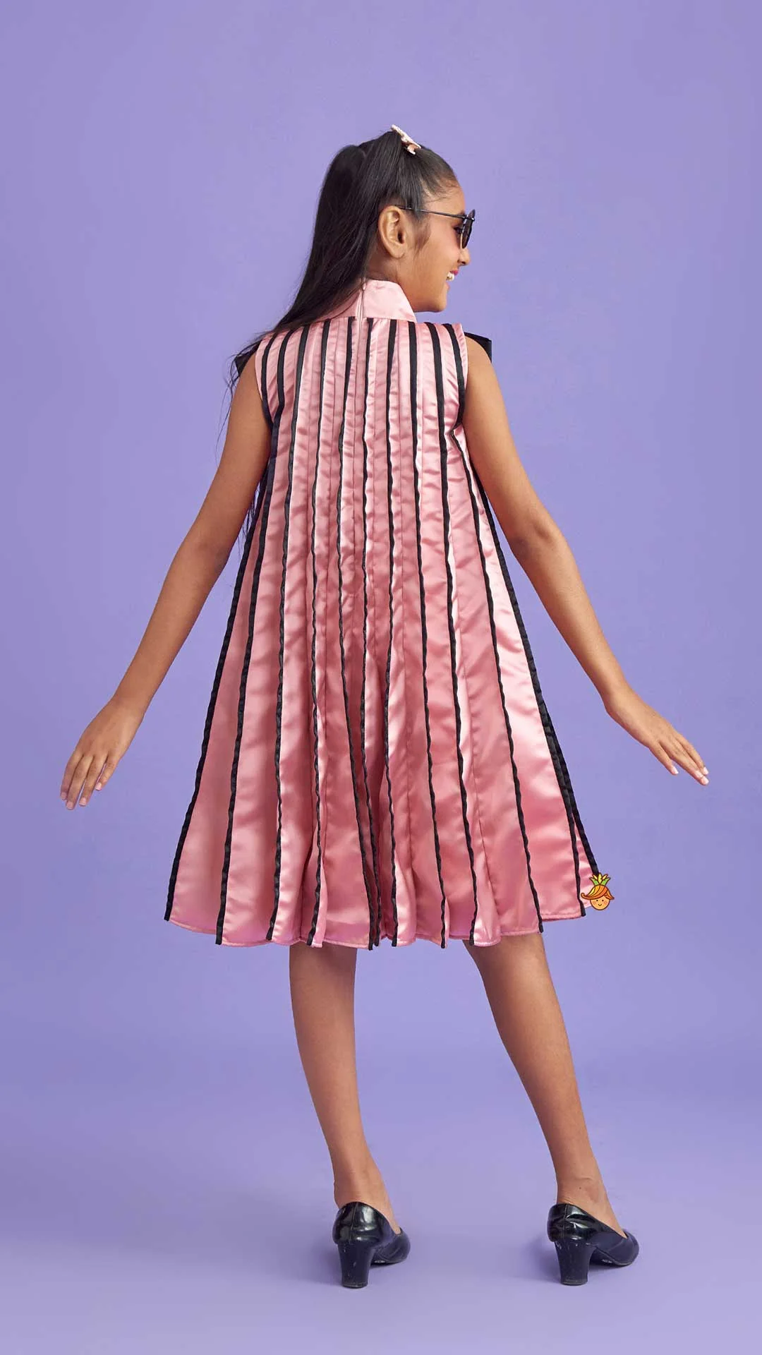 Charming Pink And Black Stylish Pleated Dress - Image 6