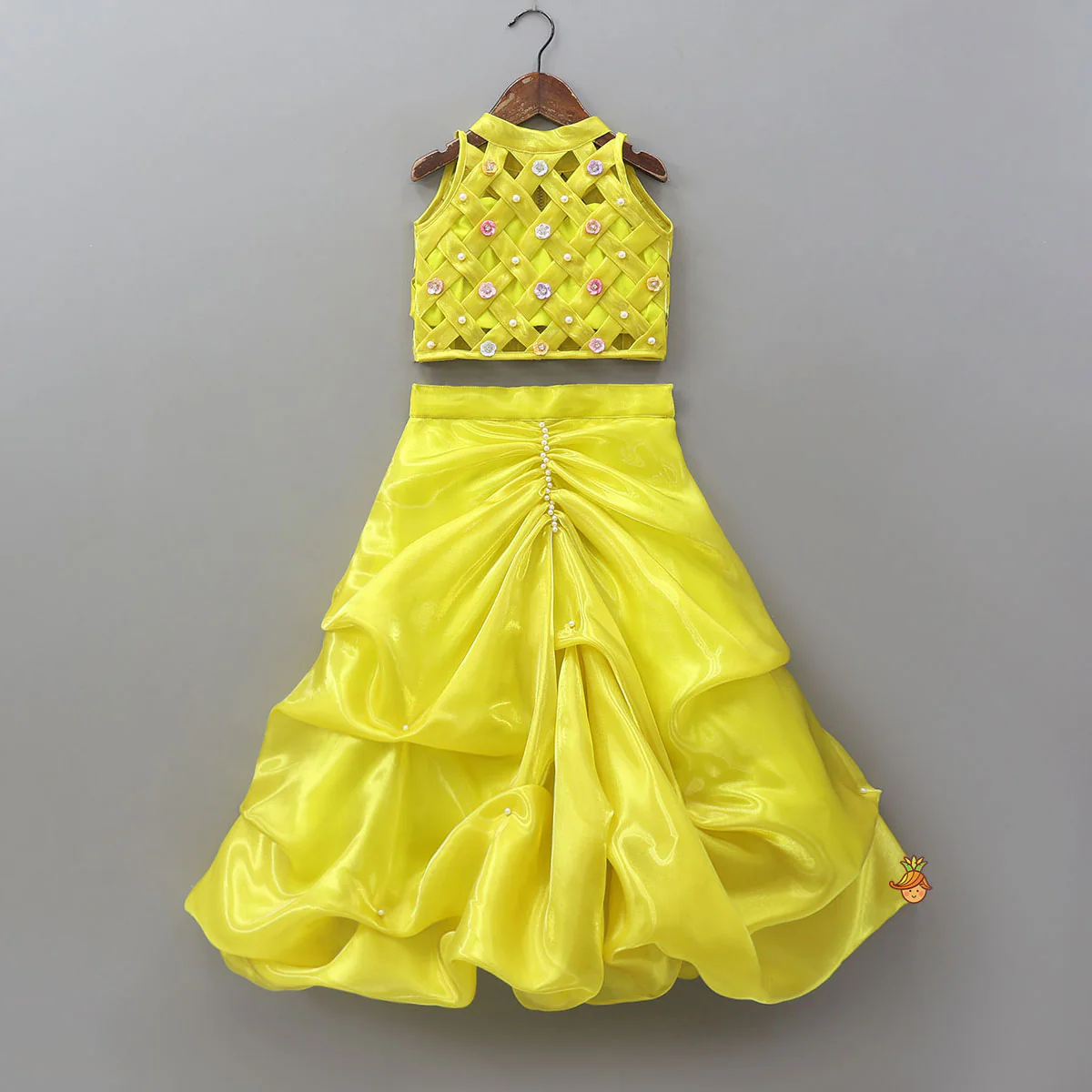 Checks Detailed Sheen Top And Stylish Gathered Lehenga