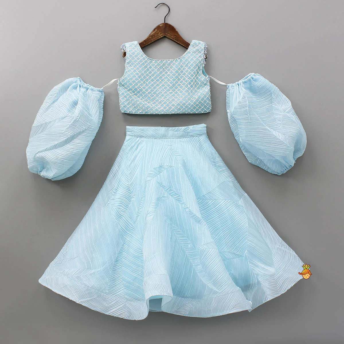 Checks Embroidered Top And Lehenga With Detachable Balloon Sleeves