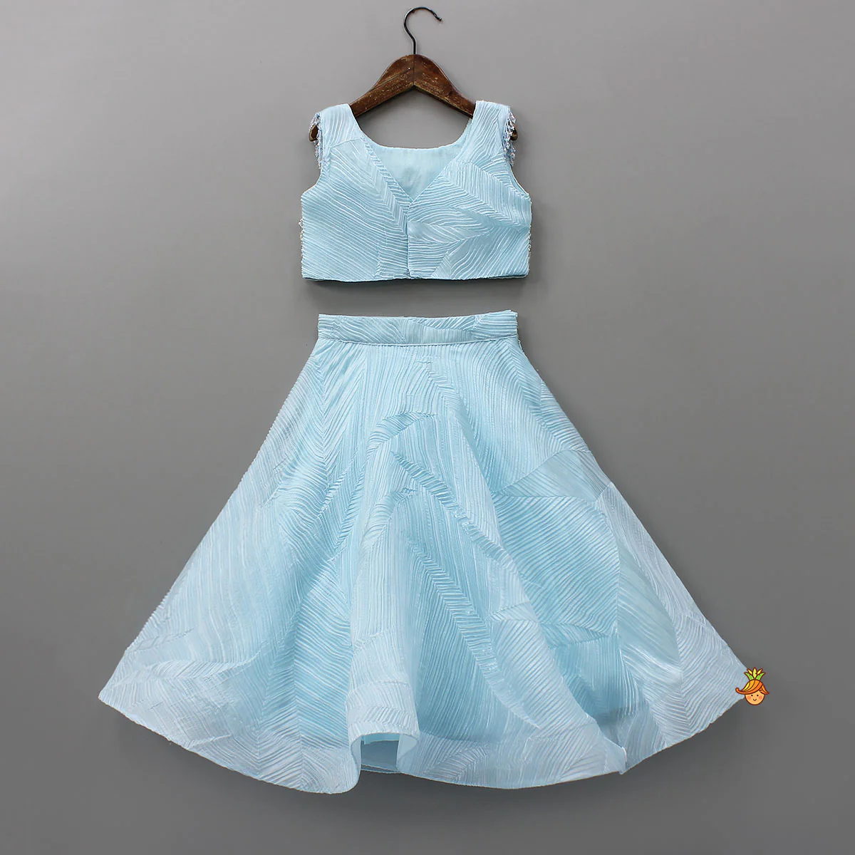 Checks Embroidered Top And Lehenga With Detachable Balloon Sleeves - Image 2