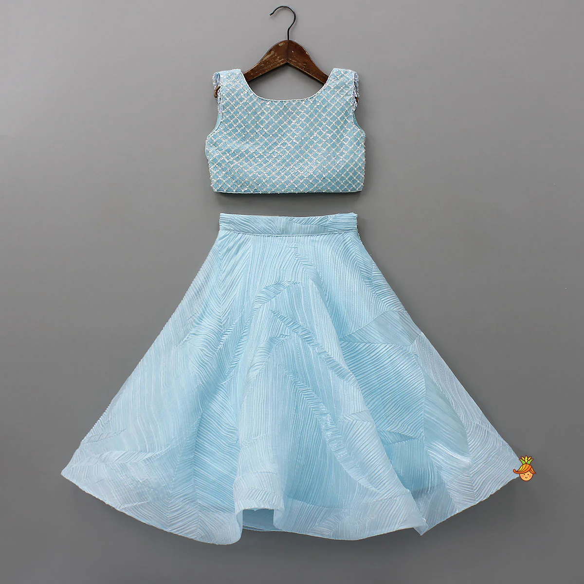 Checks Embroidered Top And Lehenga With Detachable Balloon Sleeves - Image 3