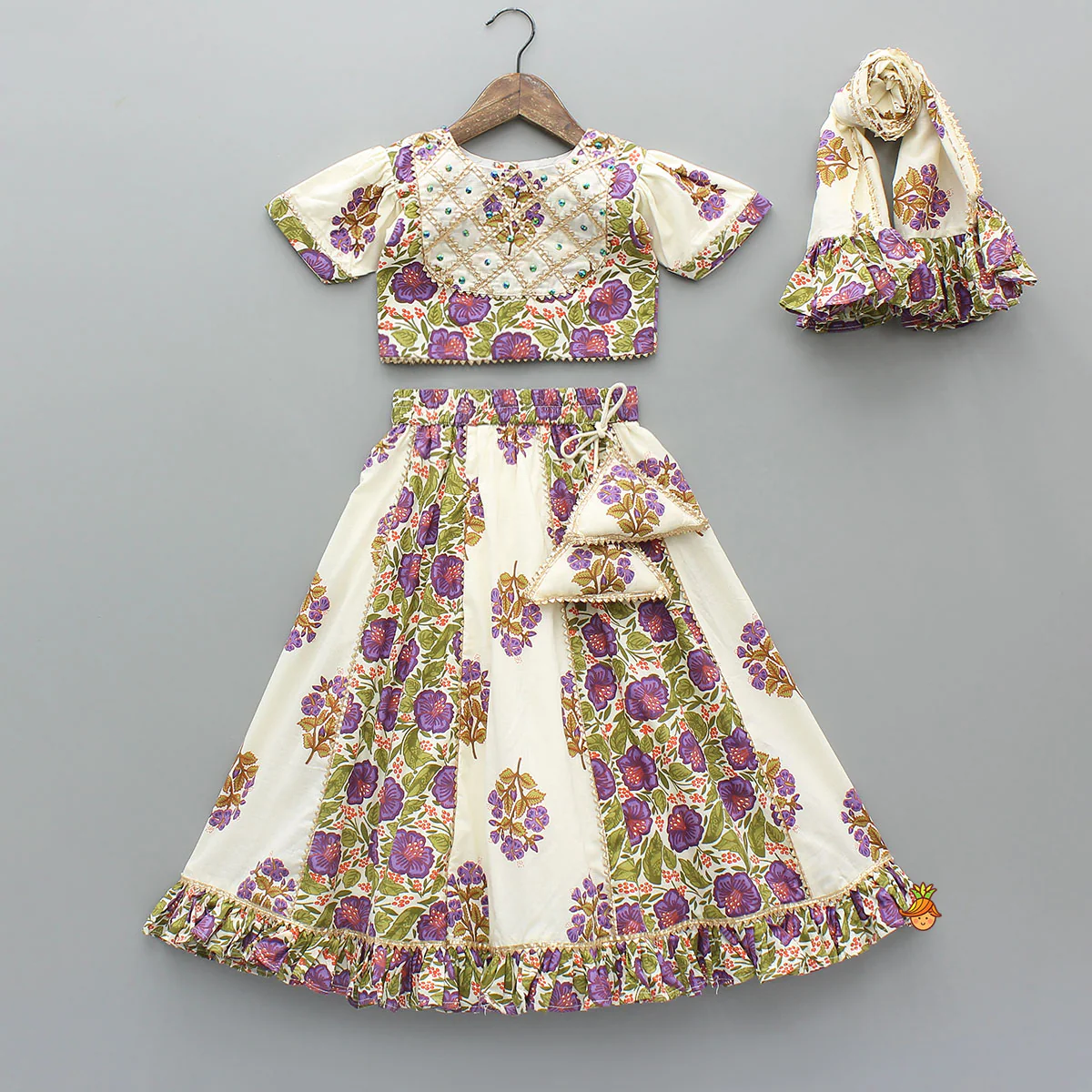 Checked Gota Lace Detailed Yoke Top And Floral Printed Lehenga With Matching Dupatta