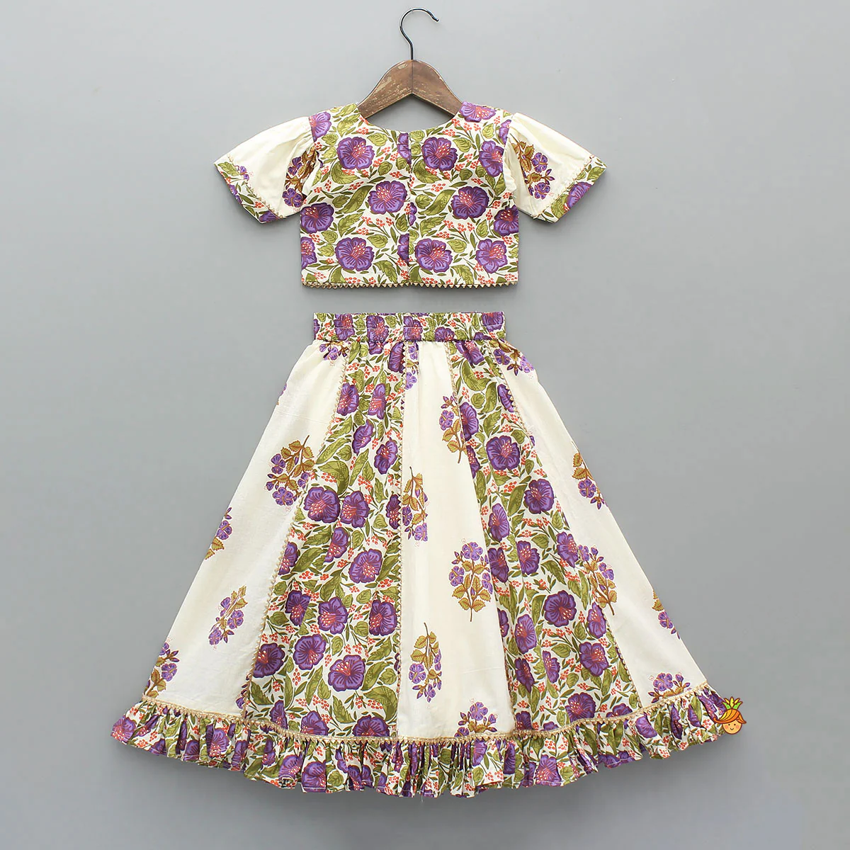 Checked Gota Lace Detailed Yoke Top And Floral Printed Lehenga With Matching Dupatta - Image 2