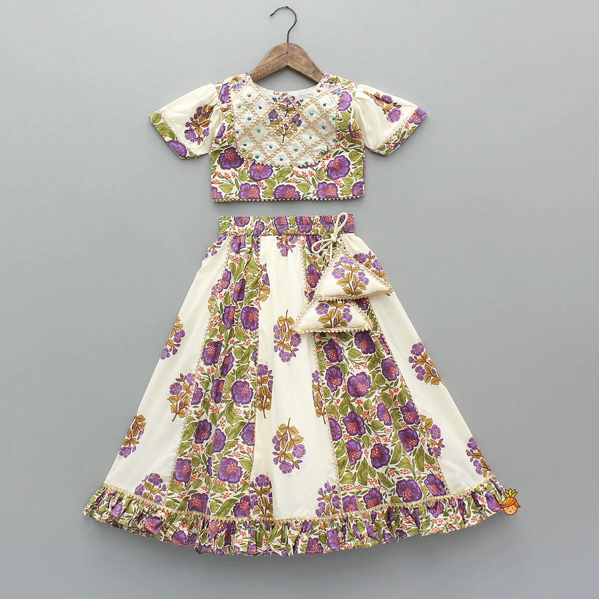 Checked Gota Lace Detailed Yoke Top And Floral Printed Lehenga With Matching Dupatta - Image 3