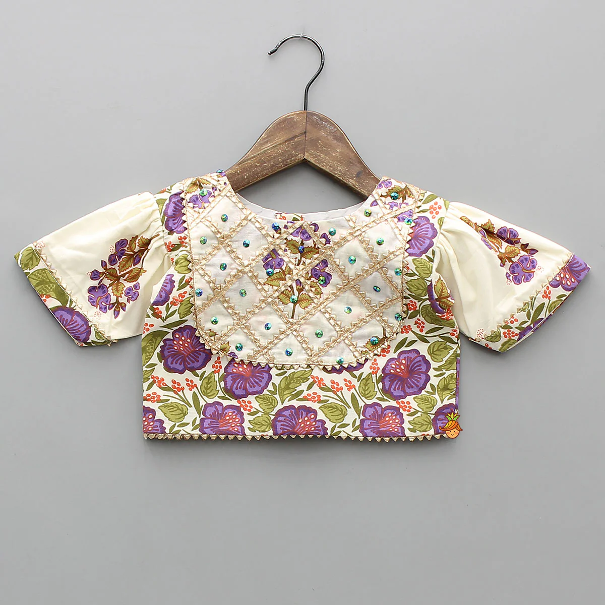 Checked Gota Lace Detailed Yoke Top And Floral Printed Lehenga With Matching Dupatta - Image 4