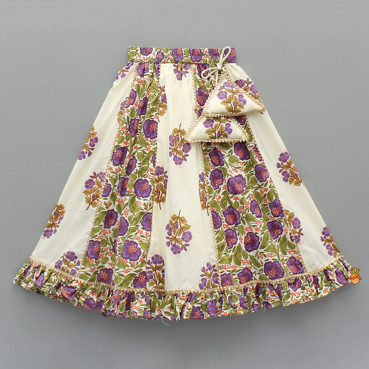 Checked Gota Lace Detailed Yoke Top And Floral Printed Lehenga With Matching Dupatta - Image 5