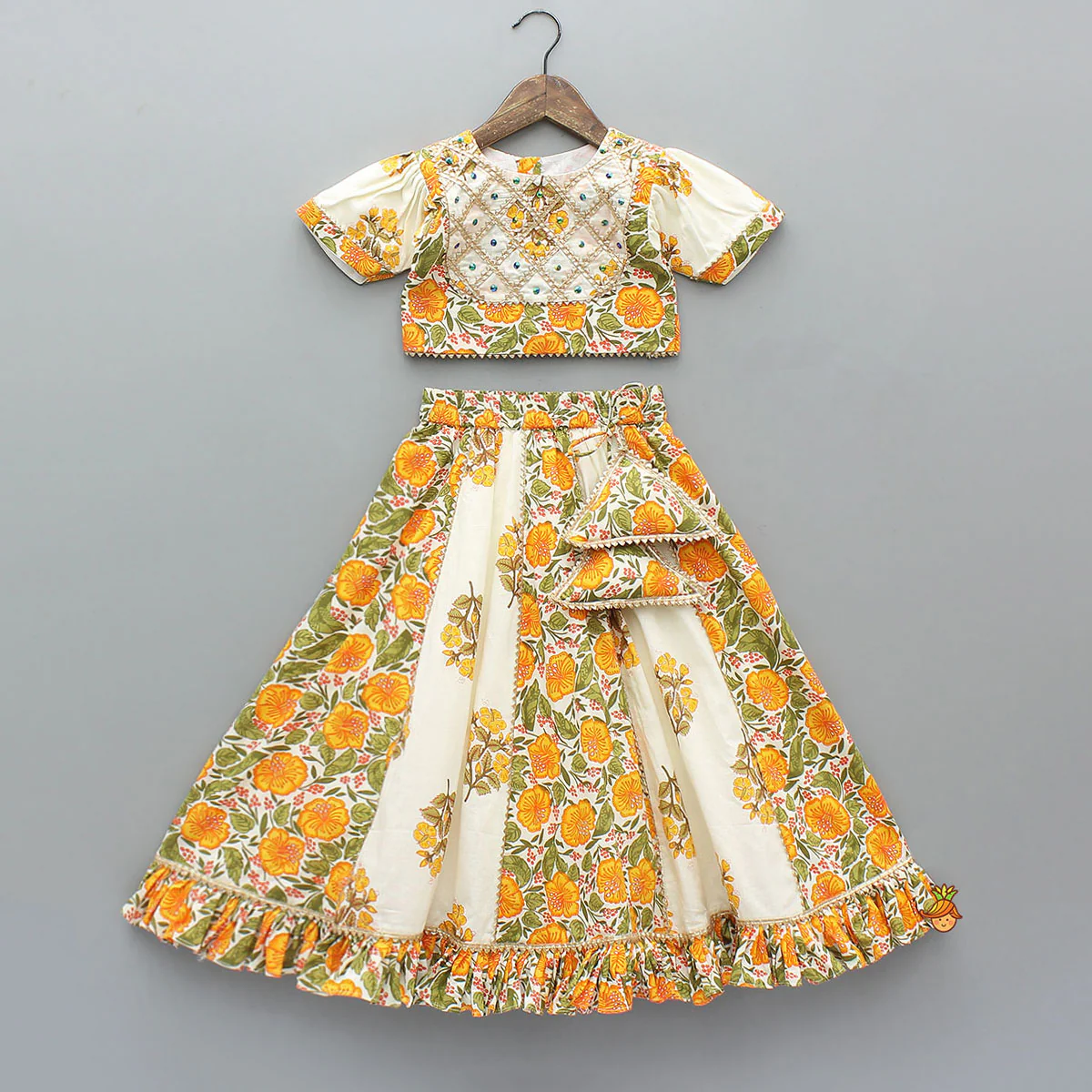 Checks Gota Work Yoke Top And Floral Printed Lehenga With Matching Dupatta - Image 3