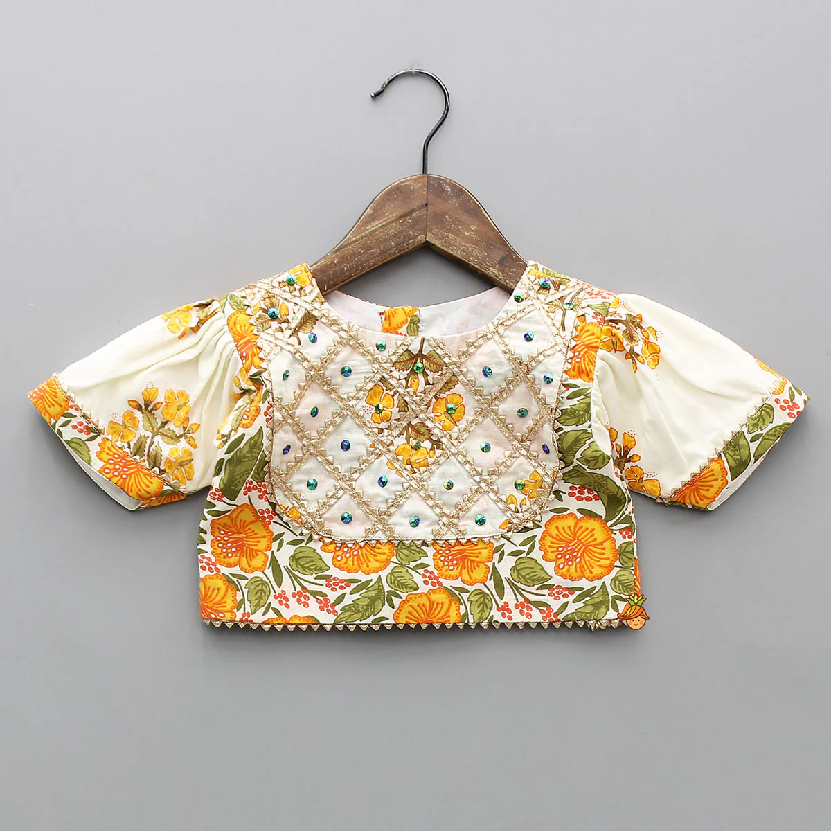 Checks Gota Work Yoke Top And Floral Printed Lehenga With Matching Dupatta - Image 4